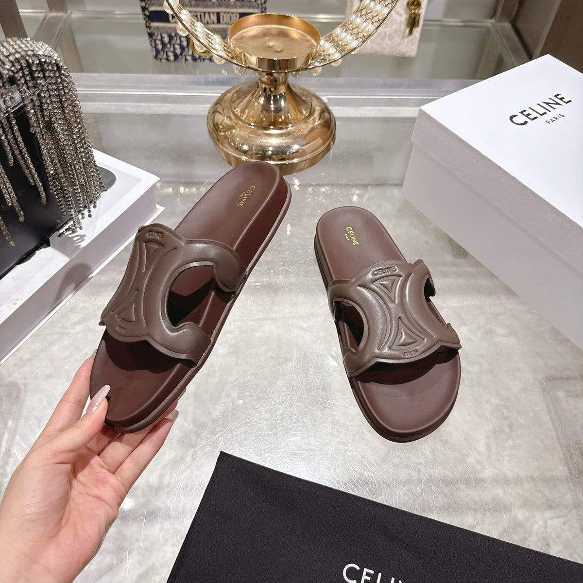 Celine 26s Triomphe Slide Chocolate Sheepskin 679832