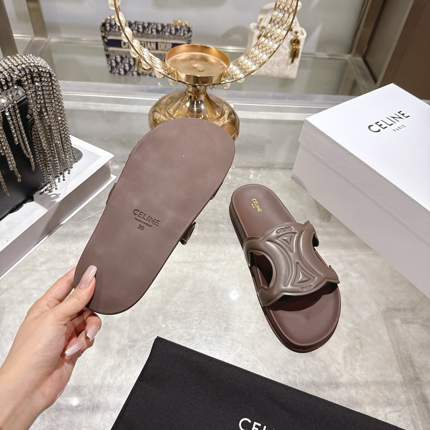 Celine 26s Triomphe Slide Chocolate Sheepskin 679832
