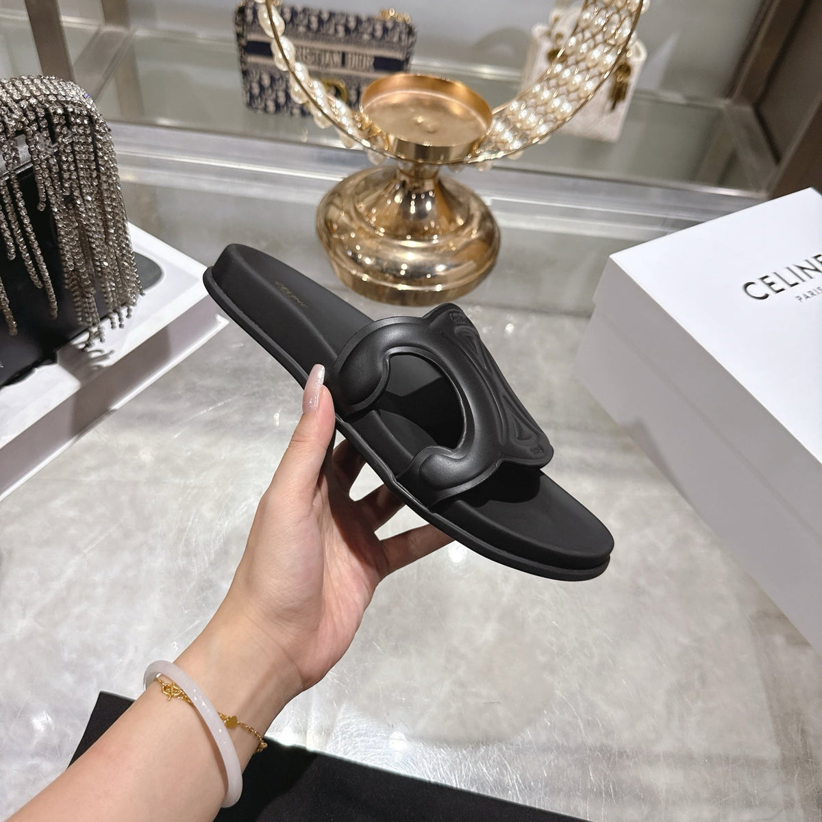 Celine 26s Triomphe Slide Black Sheepskin 679833