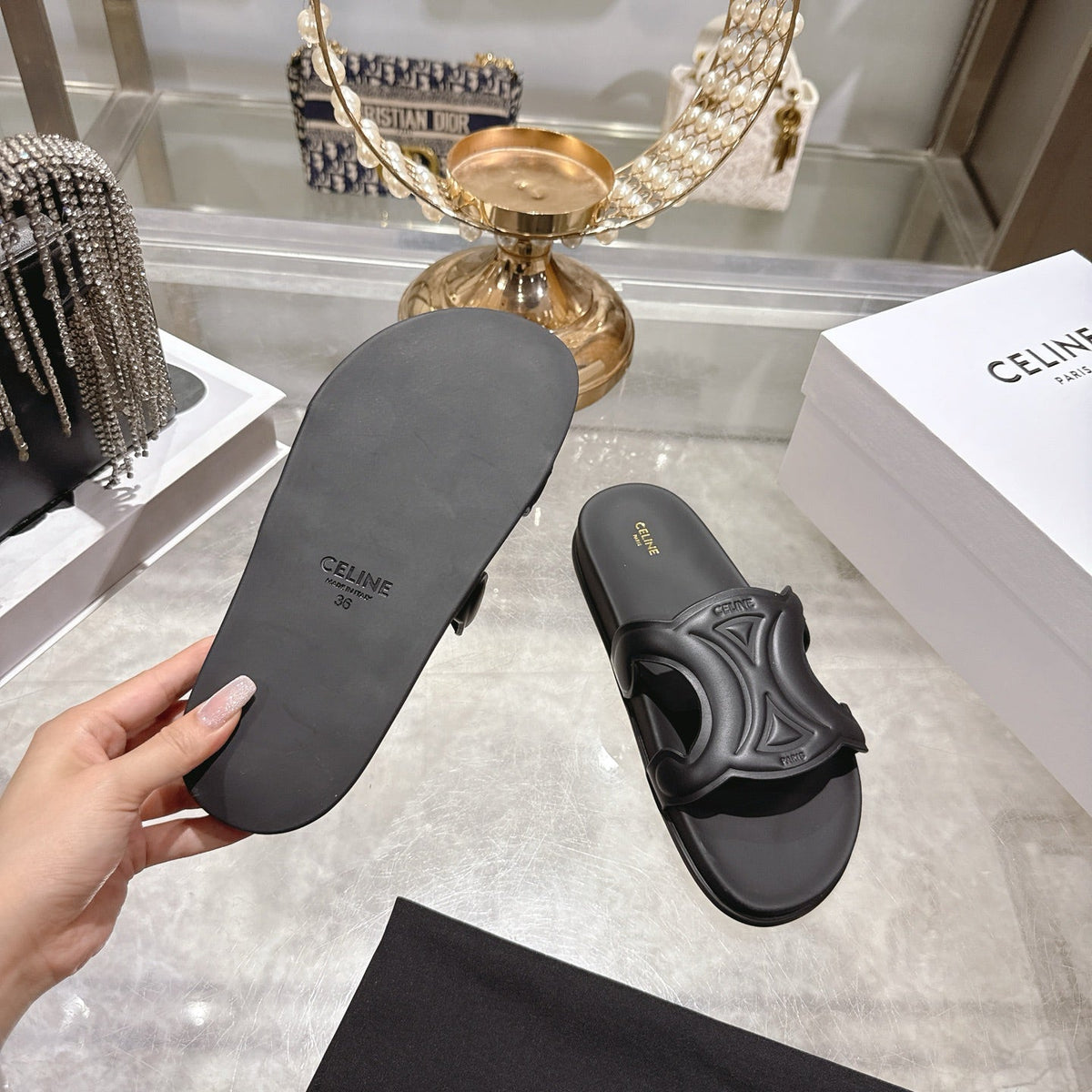 Celine 26s Triomphe Slide Black Sheepskin 679833