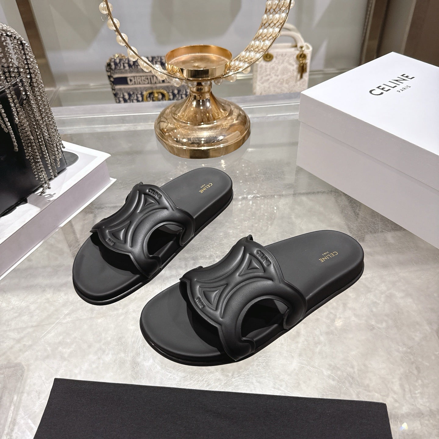 Celine 26s Triomphe Slide Black Sheepskin 679833