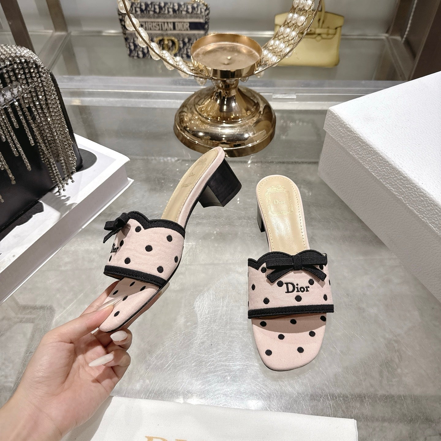 CD Dway Sandal 3.5cm PolkaDior Light Pink Motif Cotton Leather 951357