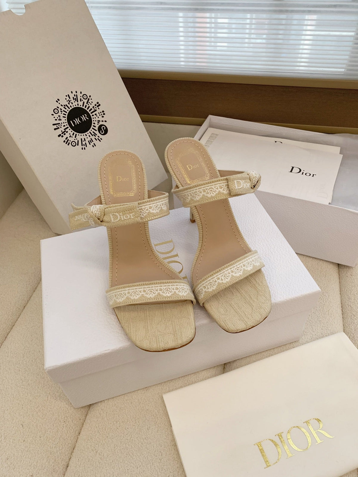 CD 26s High Heel Sandal 100 Beige Canvas Sheepskin  664179