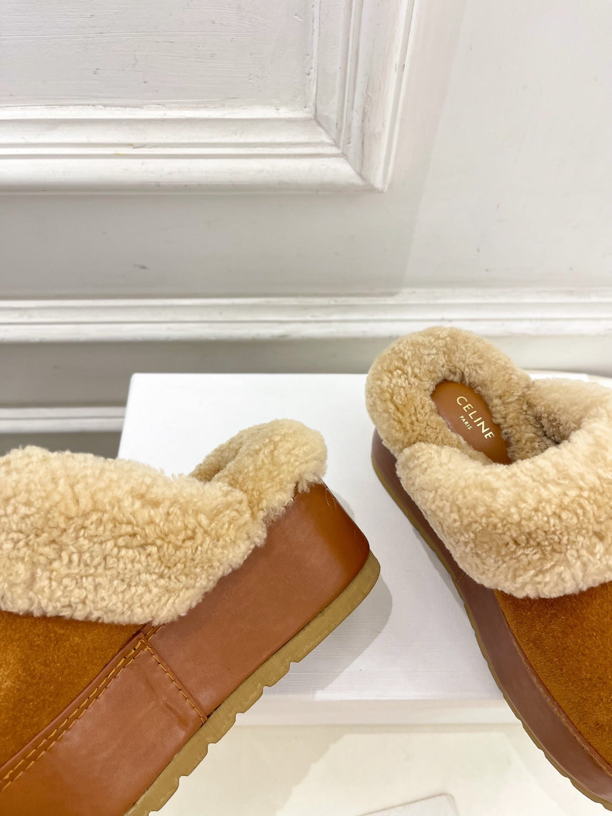 CL 25s Dana Wedge Mule 80mm Brown Beige Suede Calfskin & Shearling