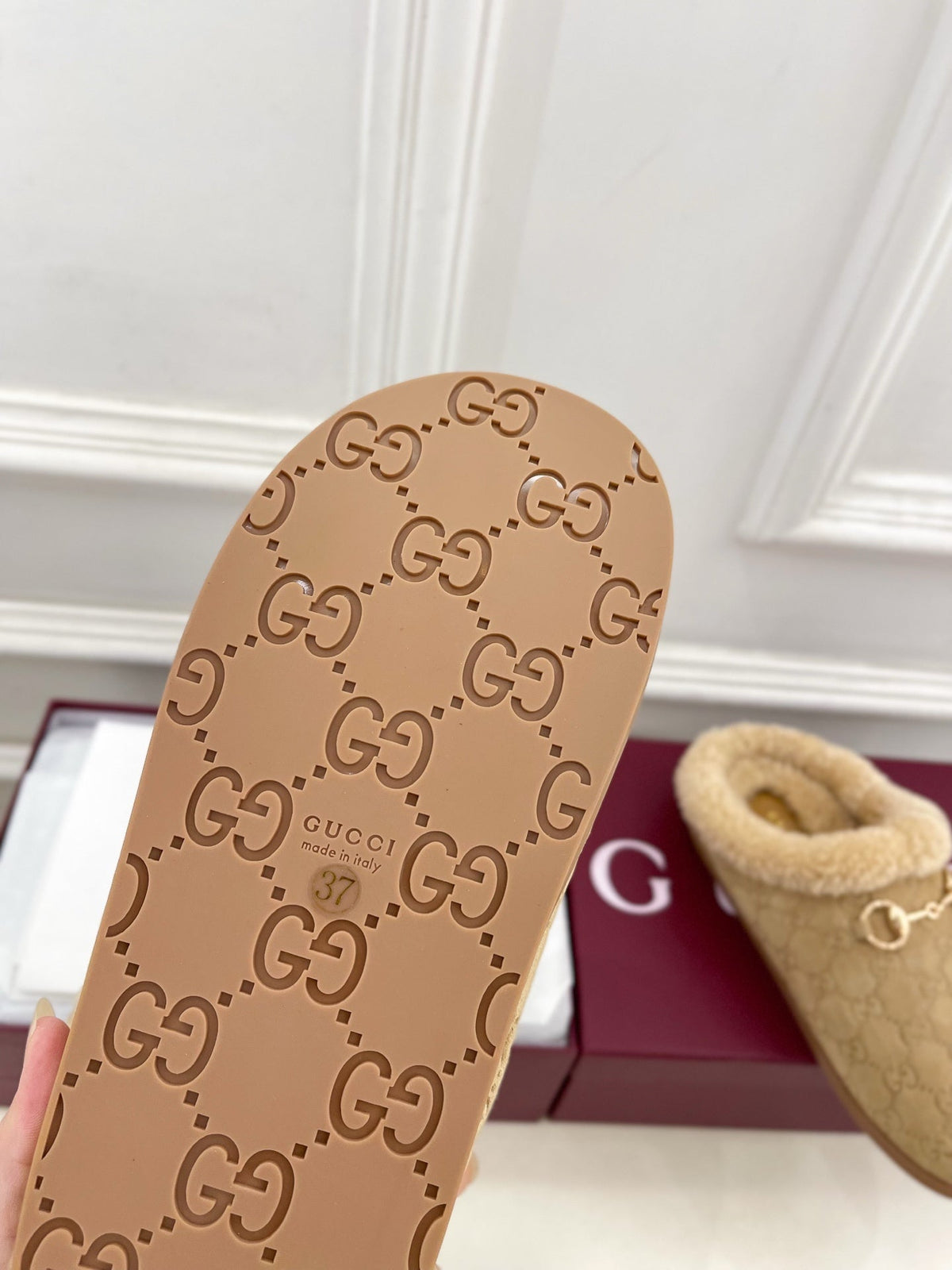 GG Horsebit Embossed Mule Beige Suede And Wool 536053