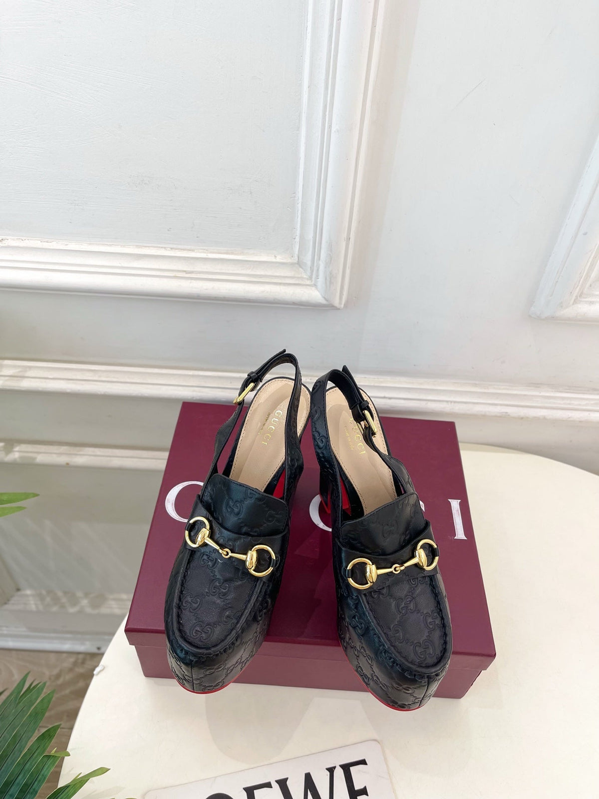 GG Horsebit Platform Loafer Slingback Black Embossed Leather 640259
