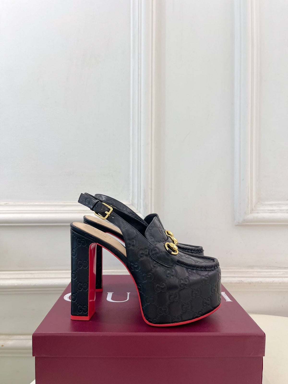 GG Horsebit Platform Loafer Slingback Black Embossed Leather 640259