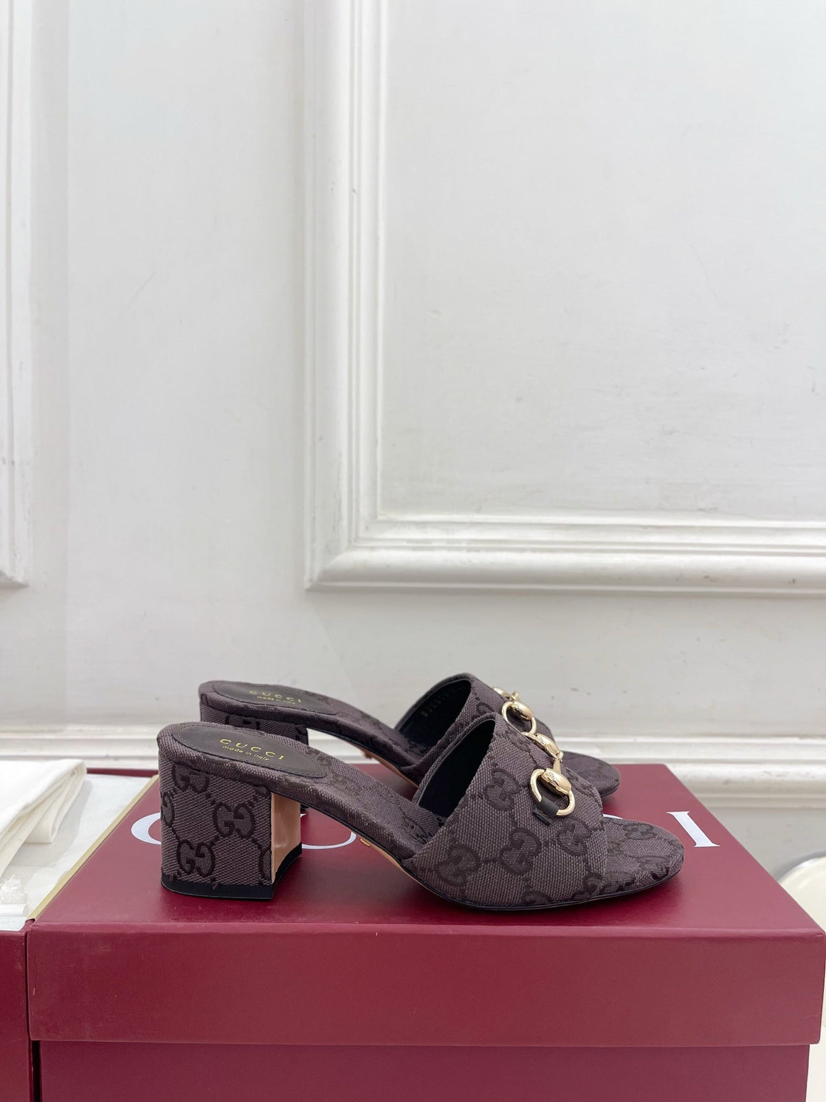 GG 26s Slide Sandal 5.5cm With Horsebit Dark Brown Canvas 640297