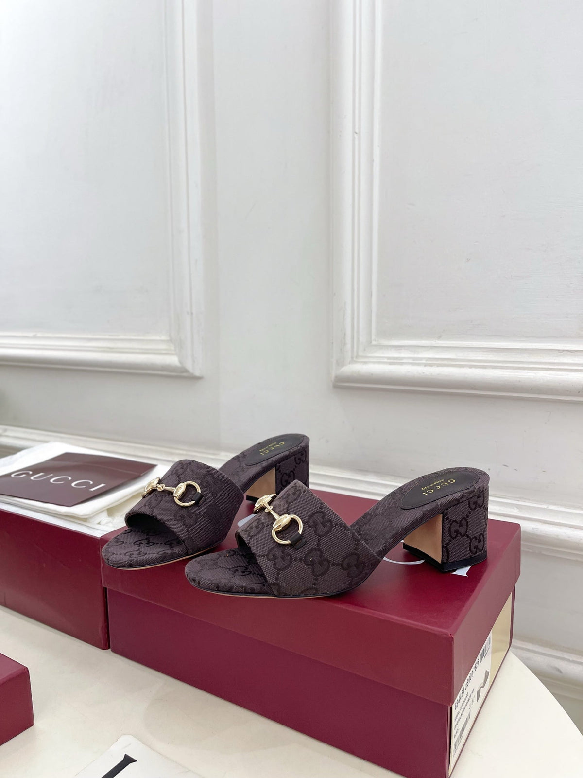GG 26s Slide Sandal 5.5cm With Horsebit Dark Brown Canvas 640297