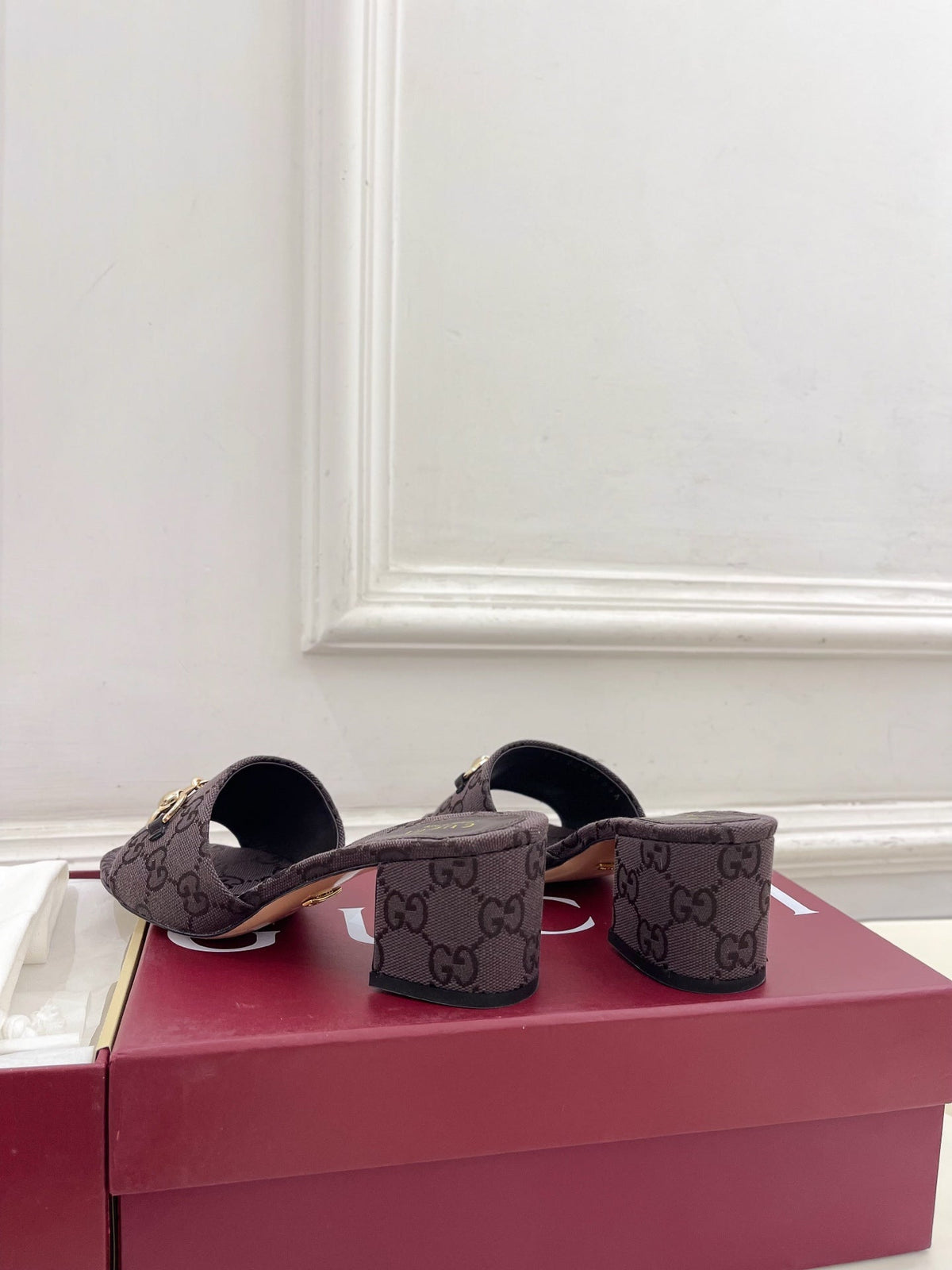 GG 26s Slide Sandal 5.5cm With Horsebit Dark Brown Canvas 640297