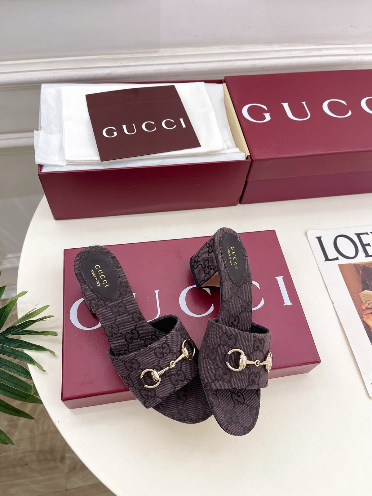 GG 26s Slide Sandal 5.5cm With Horsebit Dark Brown Canvas 640297