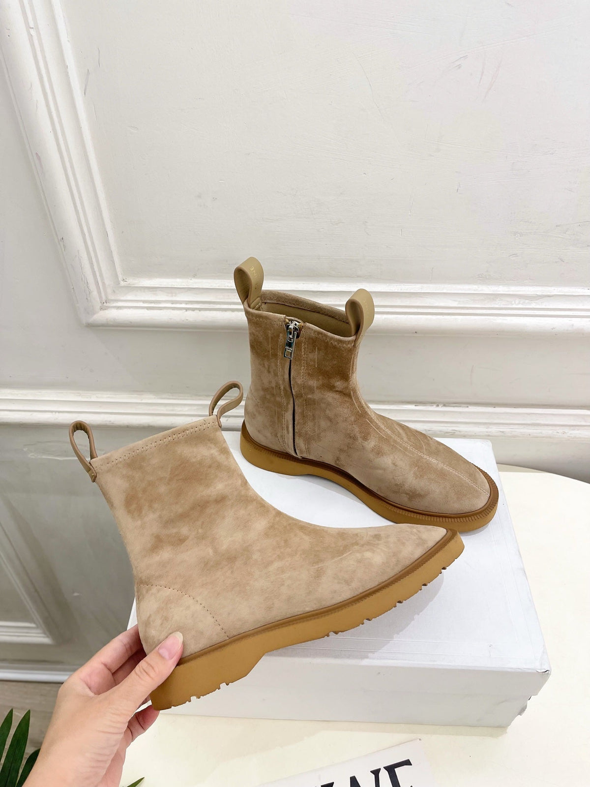 Celine 26s Flow Zipped Ankle Boots Khaki Suede 947591