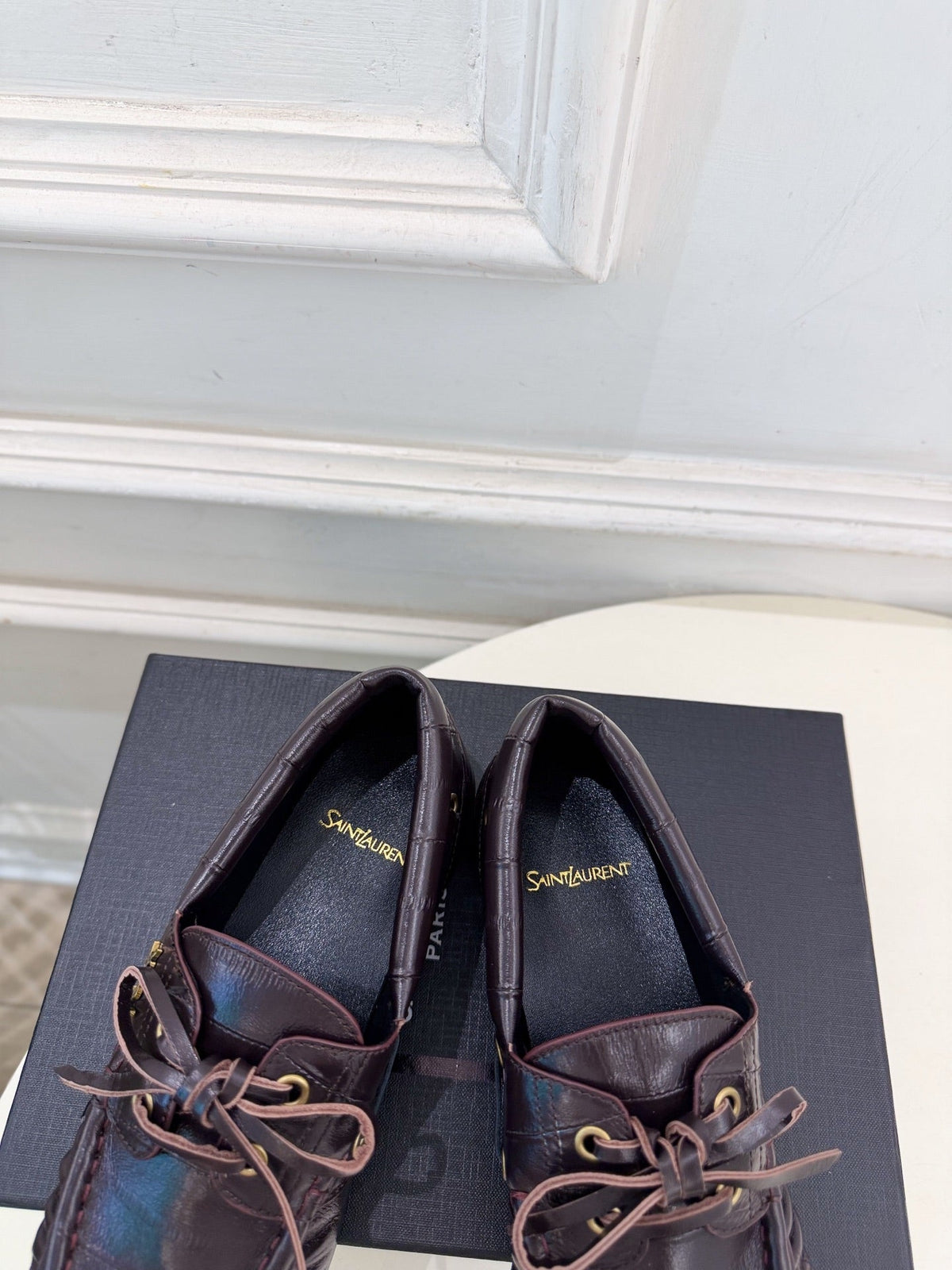 YSL Le Loafer Bateau Boat Shoes Deep Bordeaux Croc Embossed Leather 112336