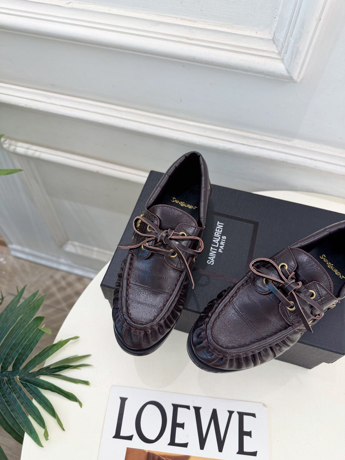 YSL Le Loafer Bateau Boat Shoes Deep Bordeaux Croc Embossed Leather 112336
