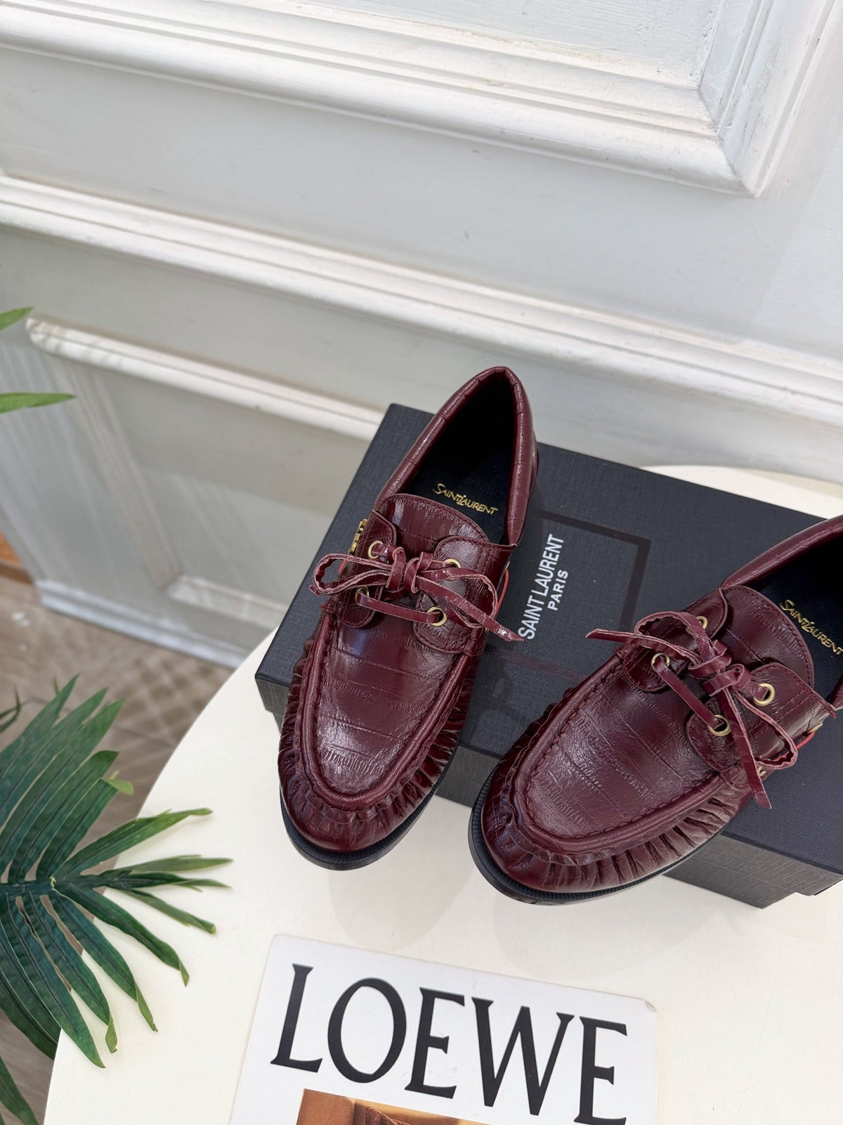 YSL Le Loafer Bateau Boat Shoes Deep Bordeaux Croc Embossed Leather 996787