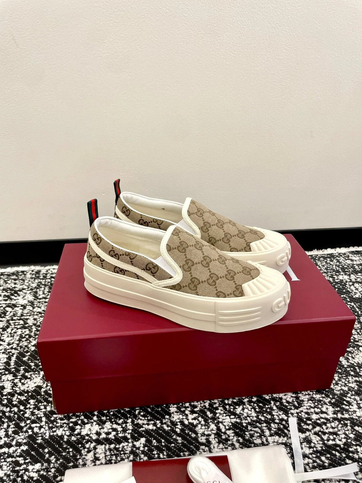 GG 26 Platform Loafers Beige White Monogram Denim 632826