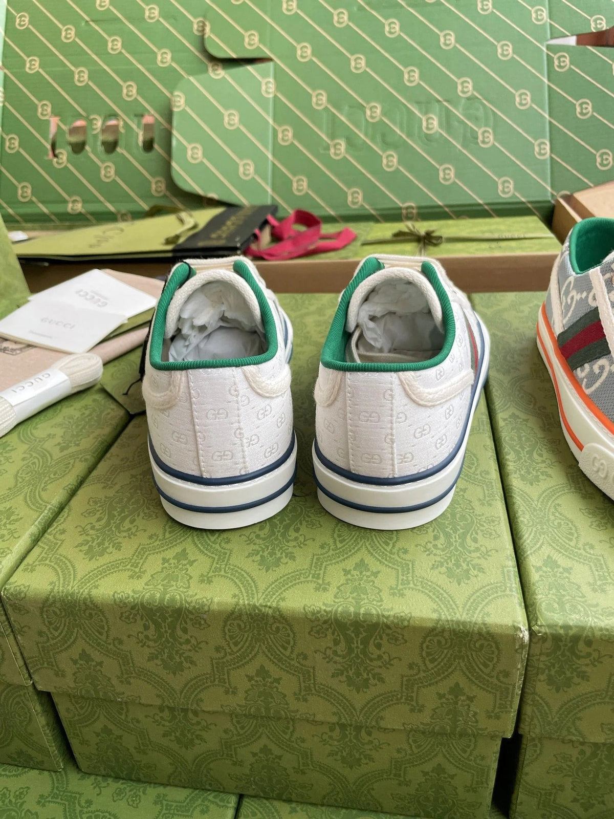 GG 26 Platform Sneaker White Green Monogram Canvas 632829