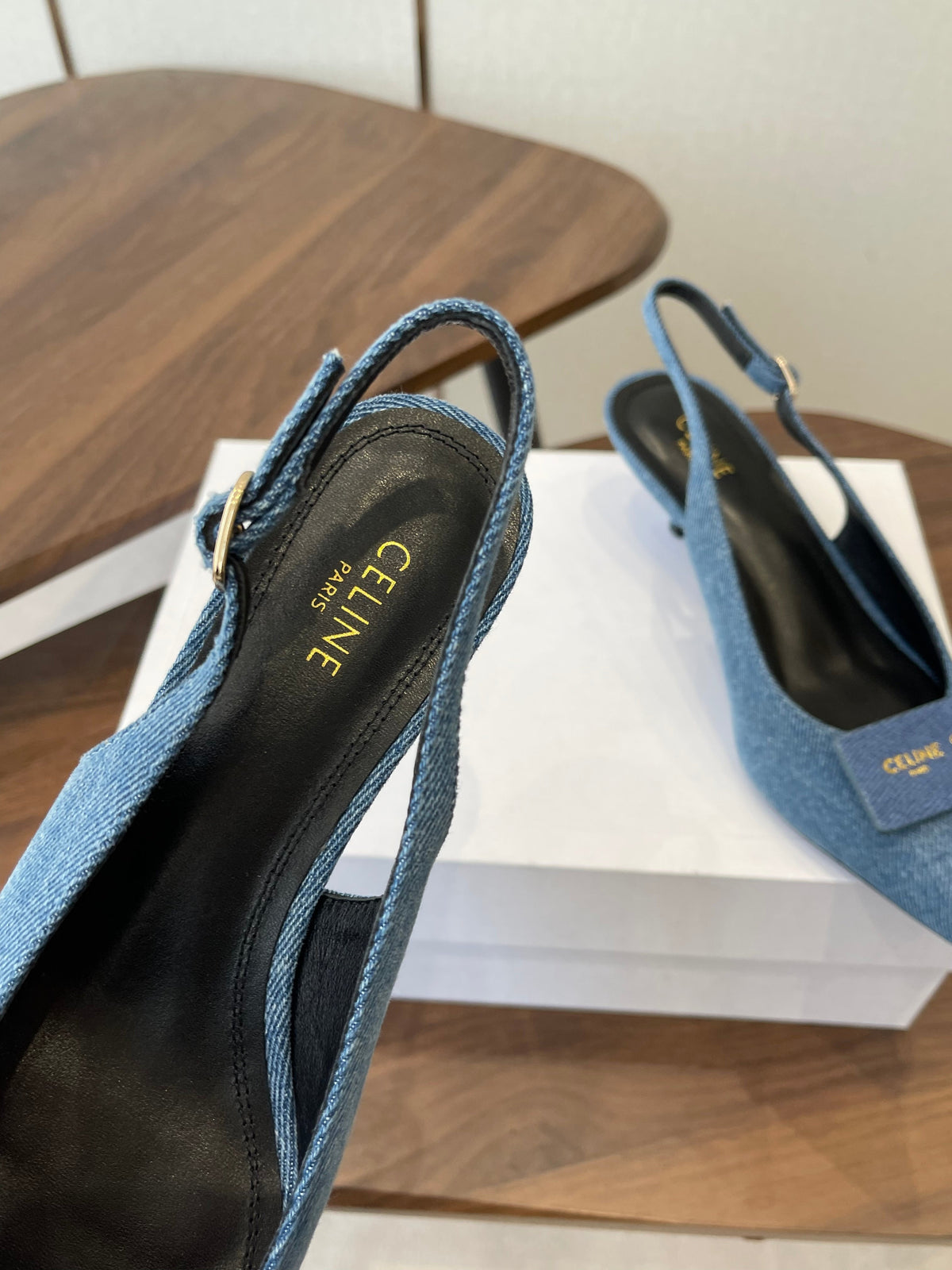 Celine 26 Pointed-Toe Slingback Blue Denim 624685