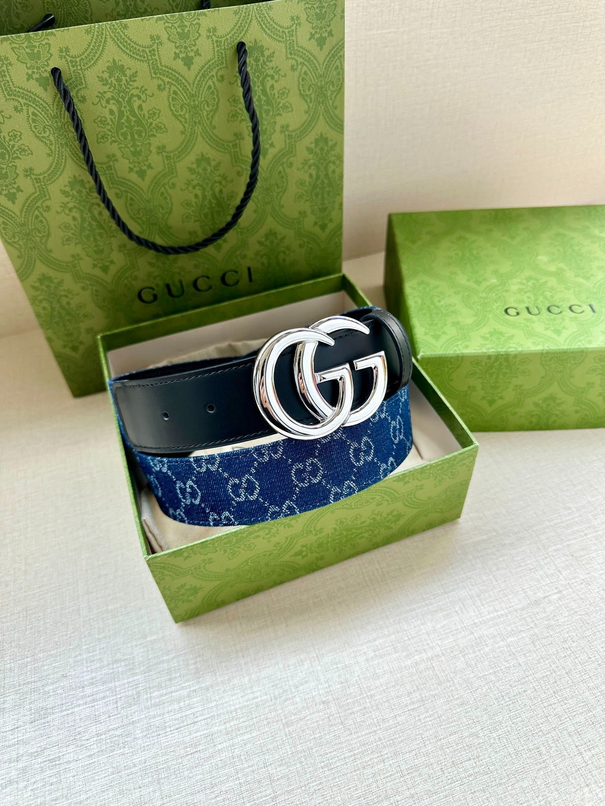 Gucci 2026 GG Marmont Belt 38mm Denim Leather