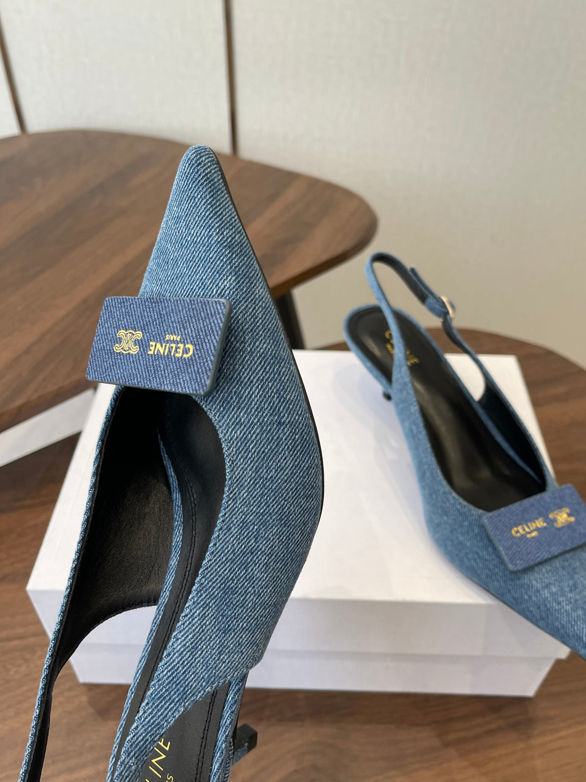 Celine 26 Pointed-Toe Slingback Blue Denim 624685