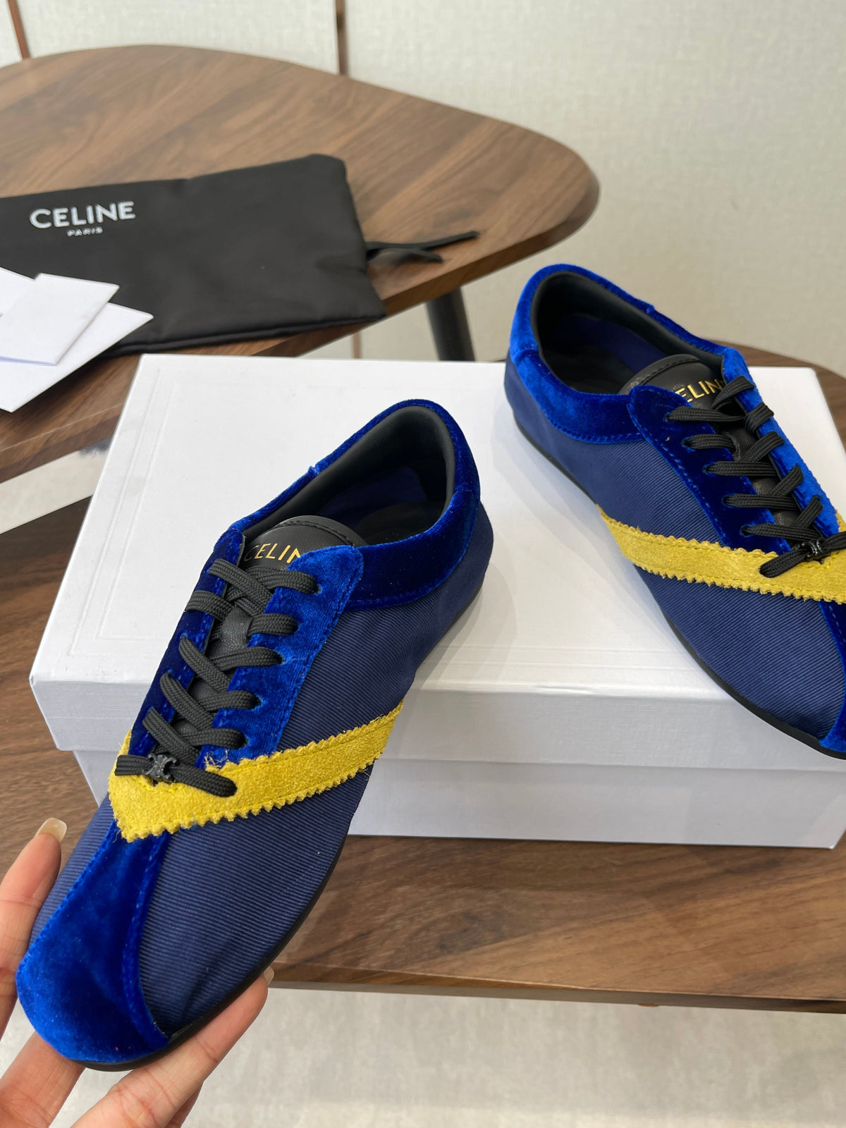 Celine 26 Flat Sneaker Dark Blue Yellow Canvas Suede 624713