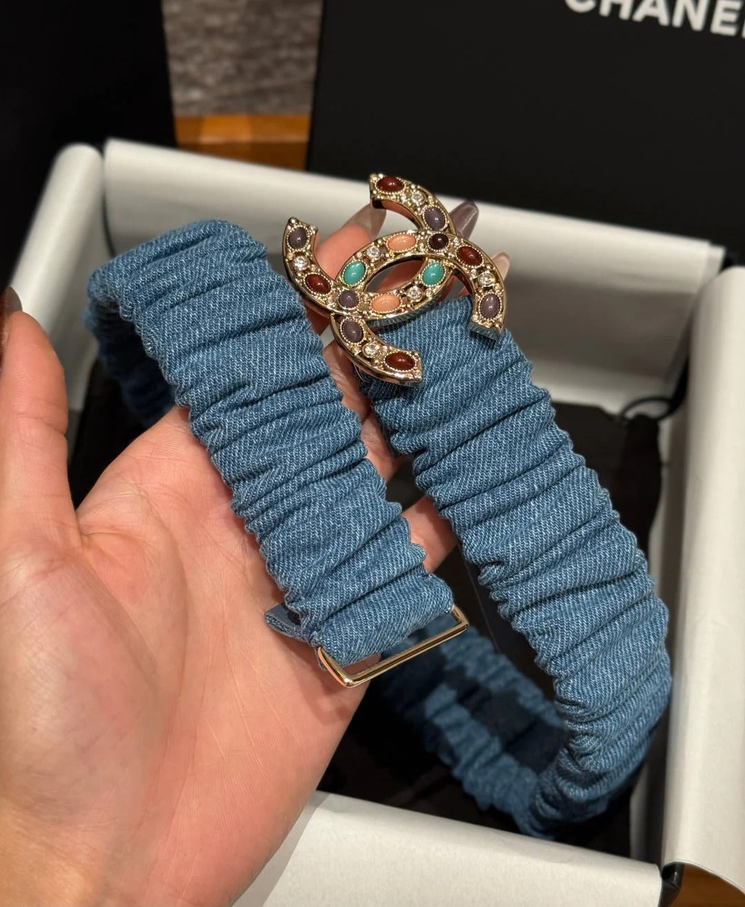 CC Rhinestone Belt 3.0CM Blue Denim Multicolor Buckle 198408