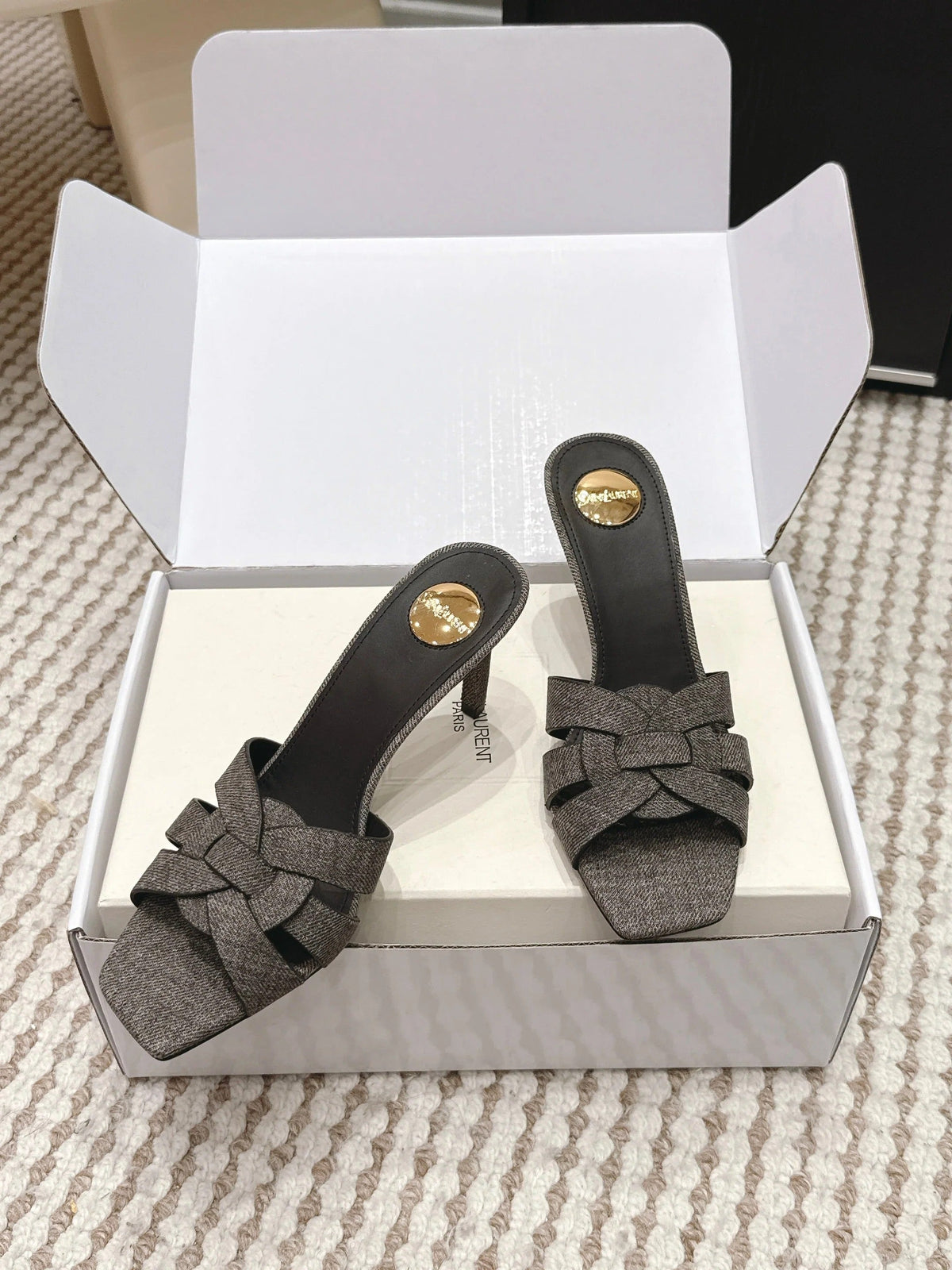 YSL 26ss High-Heeled Slippers 75 Dark Gray Canvas Calfskin 654748