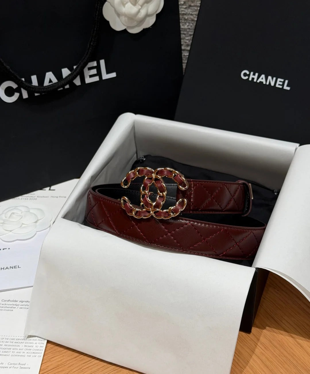 Chanel 2026 CC Buckle Gold Waist Belt Burgundy