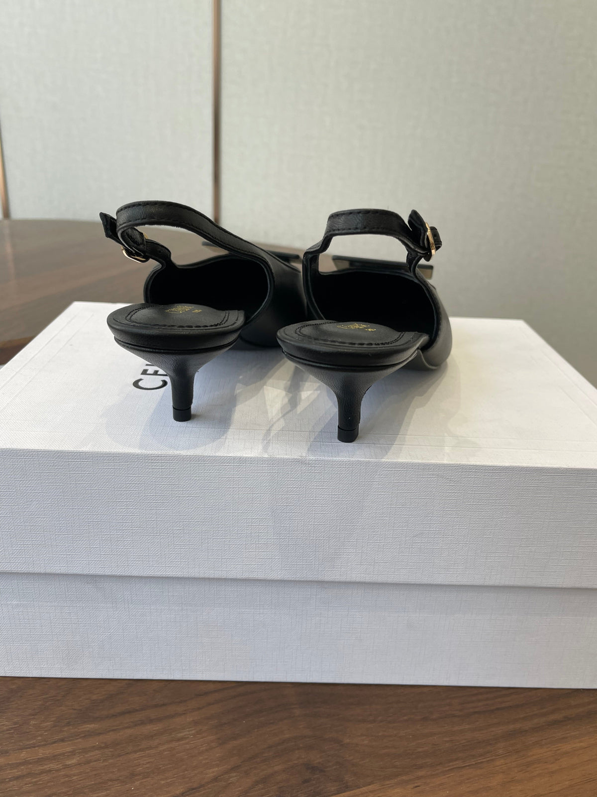 Celine 26 Pointed-Toe Slingback Black Sheepskin 624686