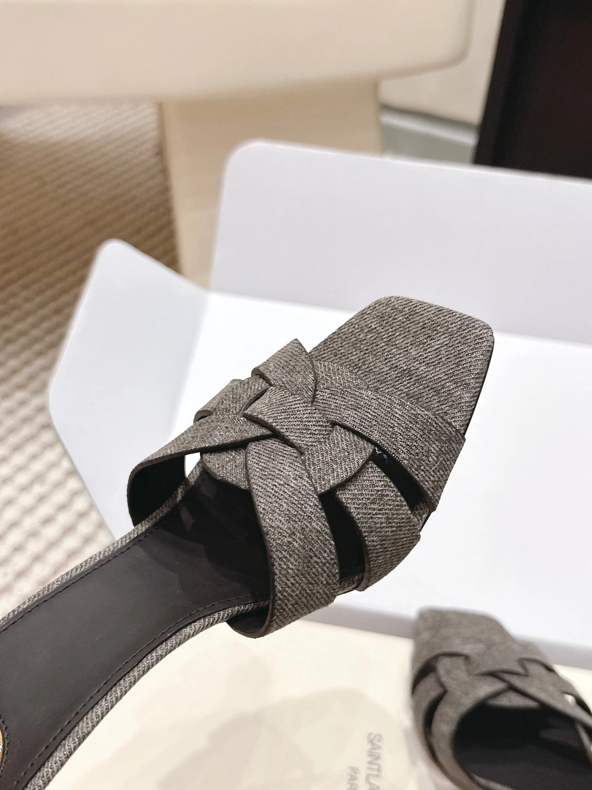 YSL 26ss High-Heeled Slippers 75 Dark Gray Canvas Calfskin 654748