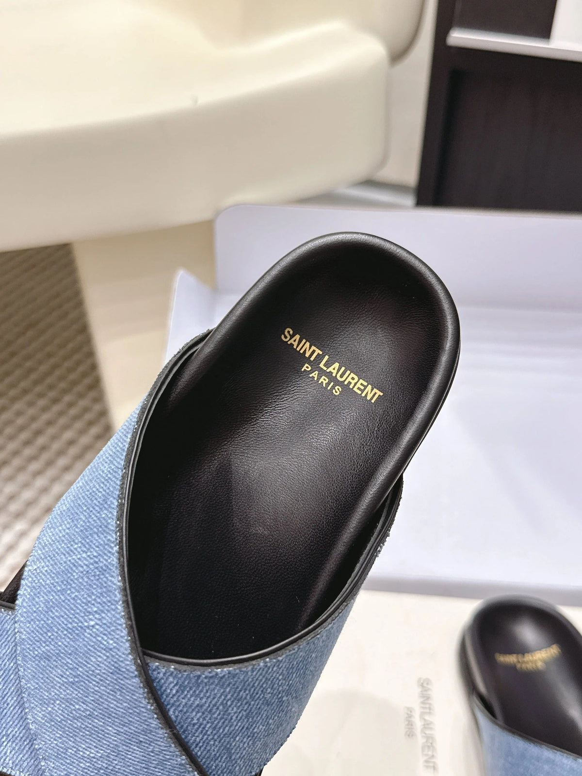 YSL 26ss Platform Slippers Black Blue Denim Leather 663217