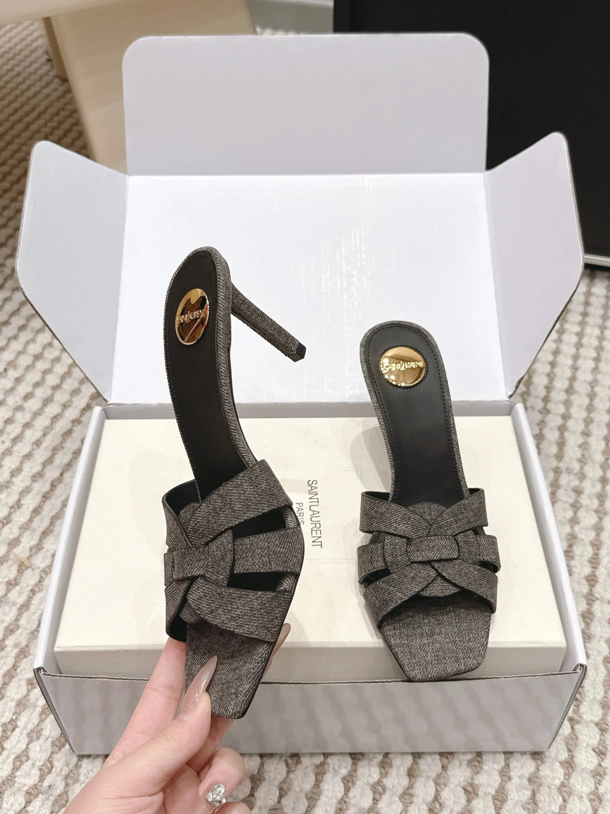 YSL 26ss High-Heeled Slippers 75 Dark Gray Canvas Calfskin 654748