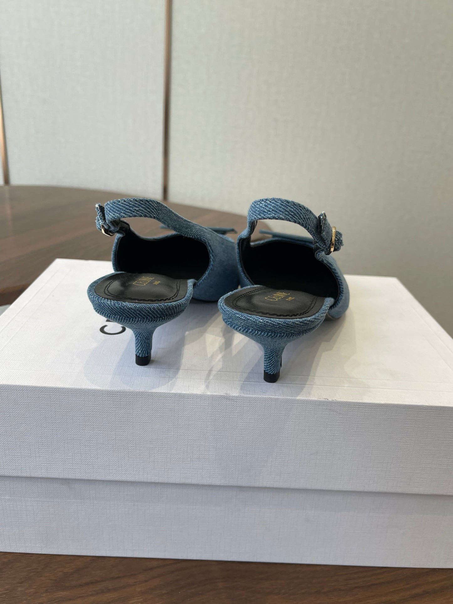Celine 26 Pointed-Toe Slingback Blue Denim 624685