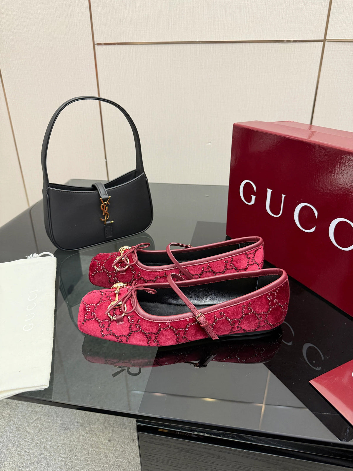 Gucci 2026 Crystal Rhinestone Ballet Flat Red Velvet Leather 629716