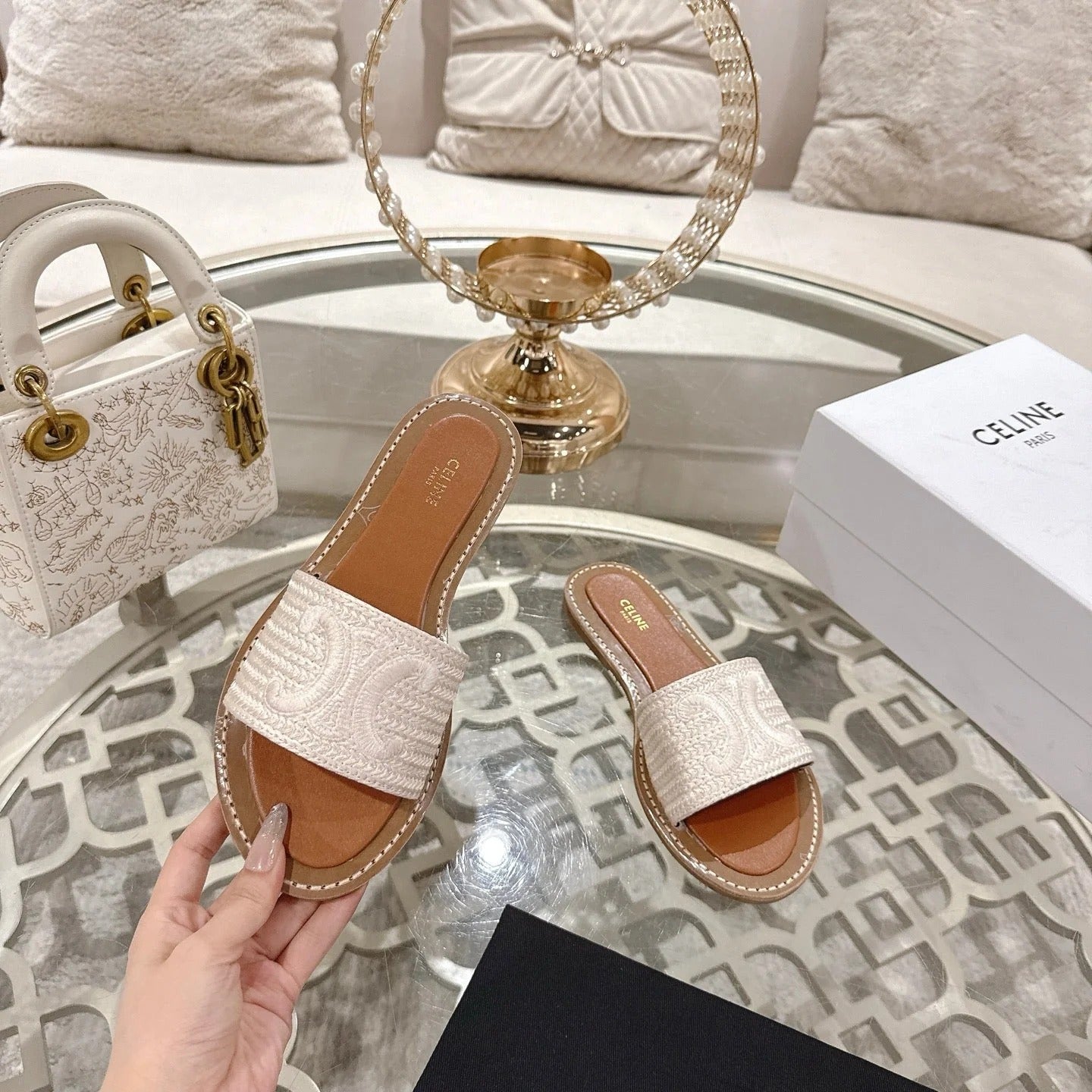 Celine 26 Triomphe Slide Sandals Woven Leather 736551