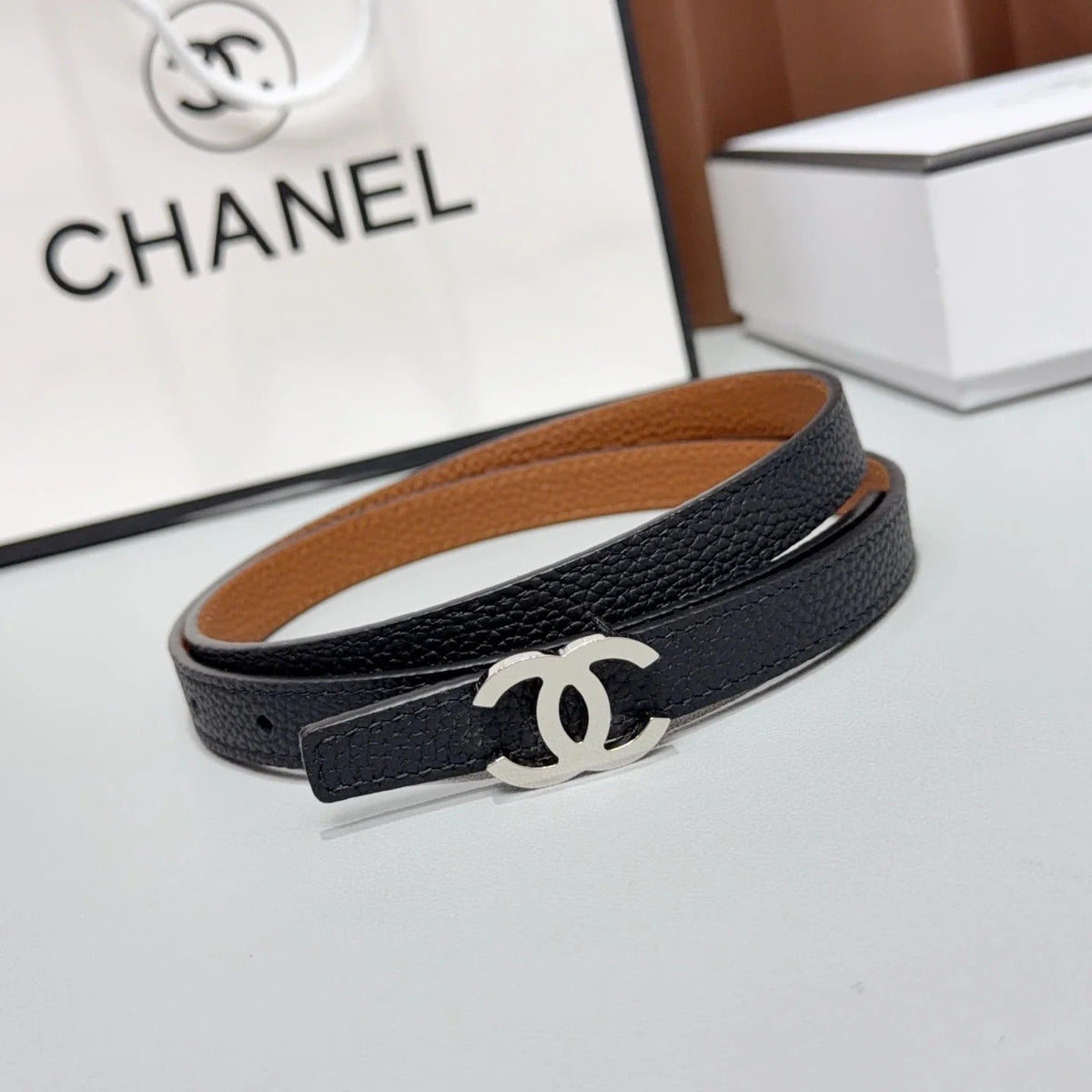 Chanel 2026 Slim Leather Logo Buckle Belt 15mm