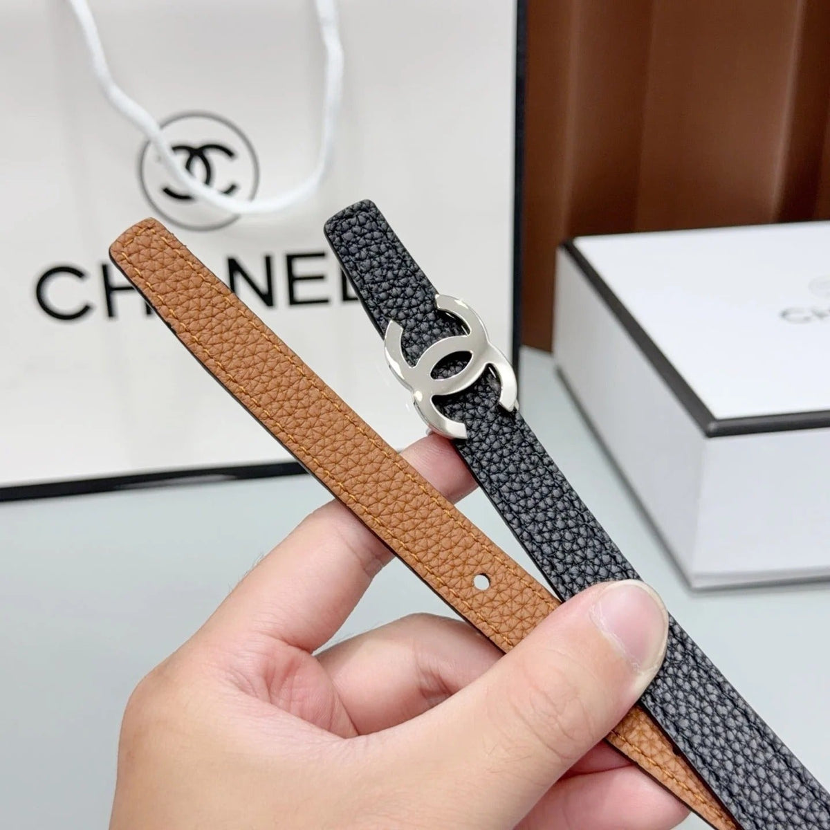 Chanel 2026 Slim Leather Logo Buckle Belt 15mm