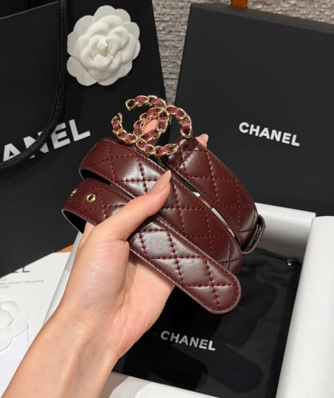 Chanel 2026 CC Buckle Gold Waist Belt Burgundy