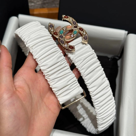 CC Rhinestone Belt 3.0CM White Cowhide Multicolor Buckle 198409