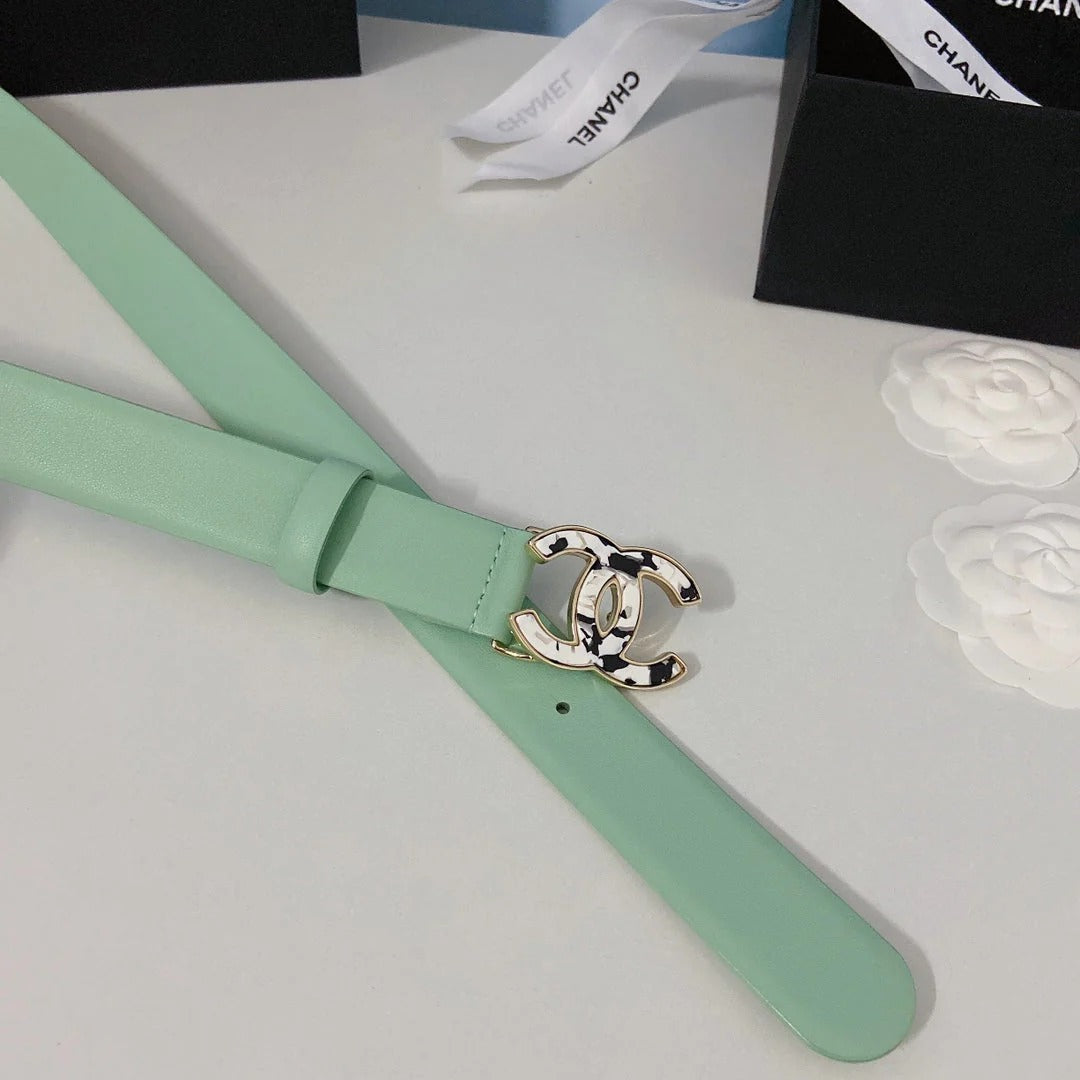 CC Women's Belt 3.0CM Light Green Cowhide White Black Buckle 597644