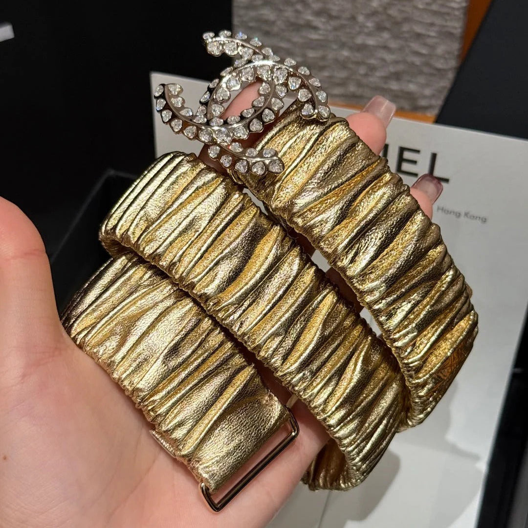 CC Elastic Waist Belt 3.0CM Metallic Gold Leather Sliver Diamond Buckle 195945