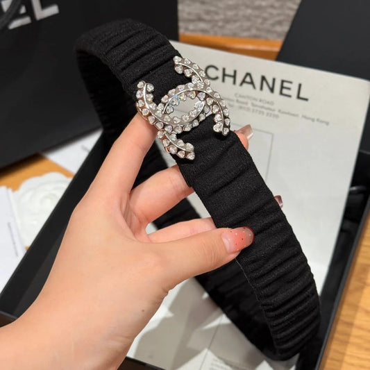 CC Elastic Waist Belt 3.0CM Black Canvas Sliver Diamond Buckle 195954