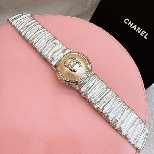 CC Elastic Waist Belt 3.0CM Sliver Metallic Calfskin Gold Buckle 196842