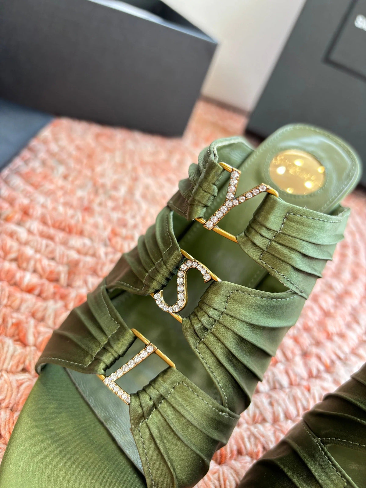 YSL 26ss Pointed High Heels Sandals 110 Green Silk Leather 648791